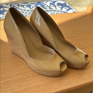 Via Spiga Beige Patent Wedge Peep Toe Shoes